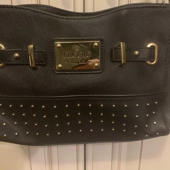 Nicole Miller Black & Gold Satchel Purse - - Picture 1 of 6